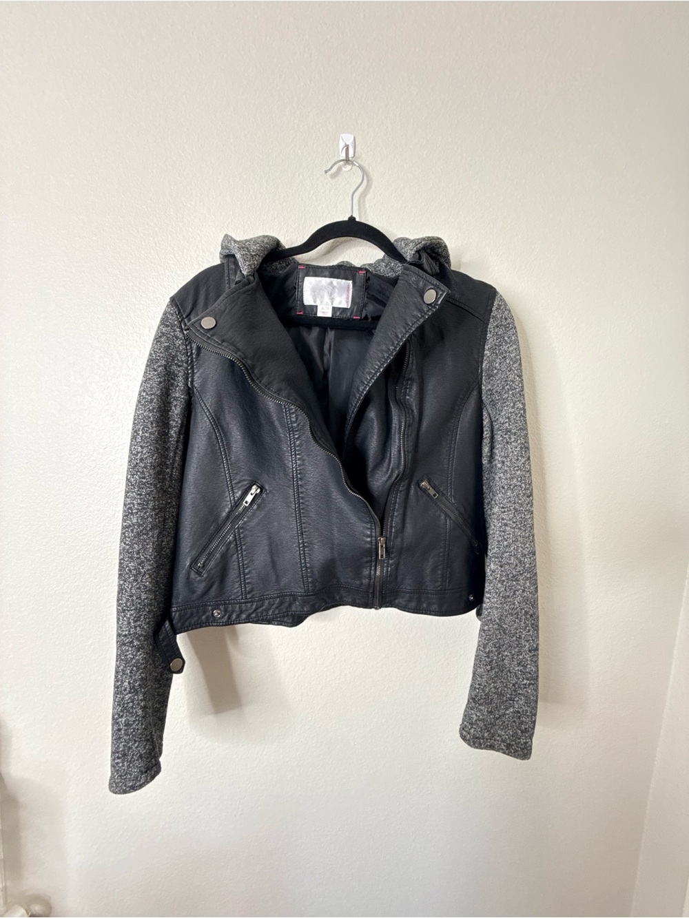 Xhilaration grunge edgy XL Faux Leather Moto Jacket Gray Knit Hooded Biker